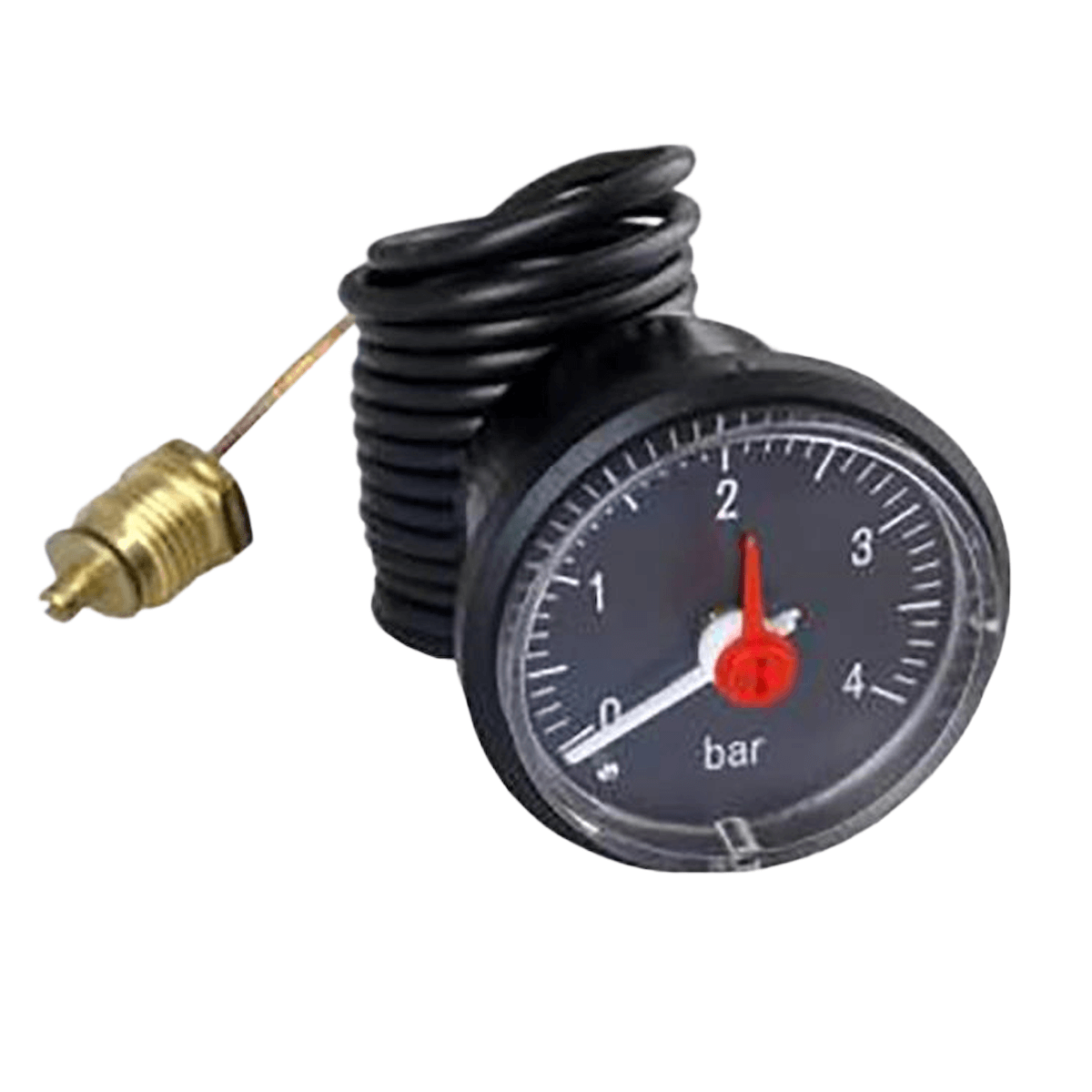 Schwarzer Manometer für Holzvergaser Attack SLX DPX mit weißem Zeiger zeigt Druck in bar