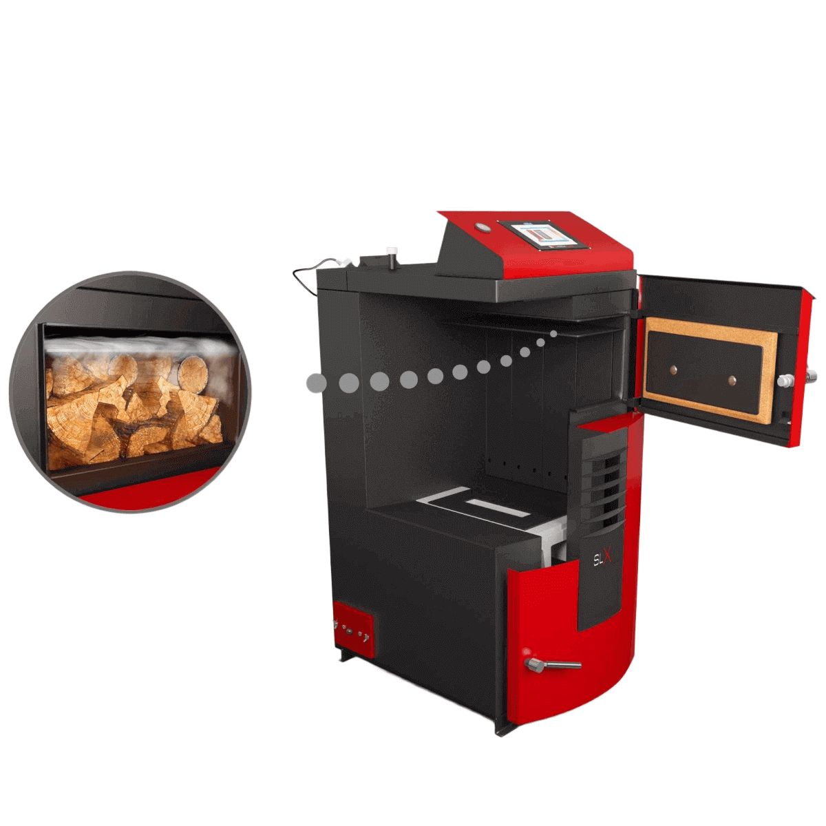 Roter und schwarzer Holzvergaser für effiziente Holzverbrennung im Produkt Holzvergaser Attack SLX Lambda Touch 25 kW