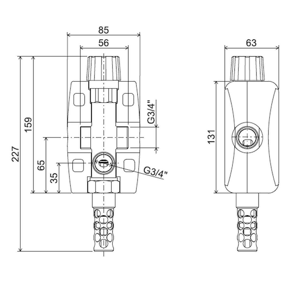 Technische Zeichnung der Regulus doppelte thermischen Ablaufsicherung DBV2 ¾" für optimale Heizungsabsicherung 🔥💧