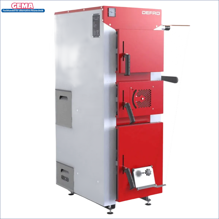Roter und grauer Festbrennstoffkessel Defro DWS 22 kW mit hohem Wirkungsgrad