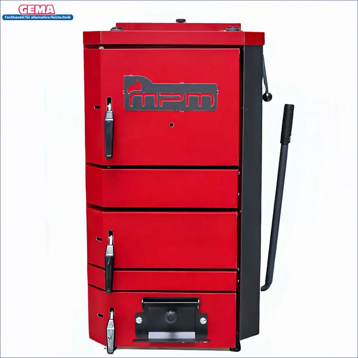 MPM Wood Plus 26 kW 🔥 - innovativer Holzvergaserkessel in rot, für effiziente Heizung mit Holz.