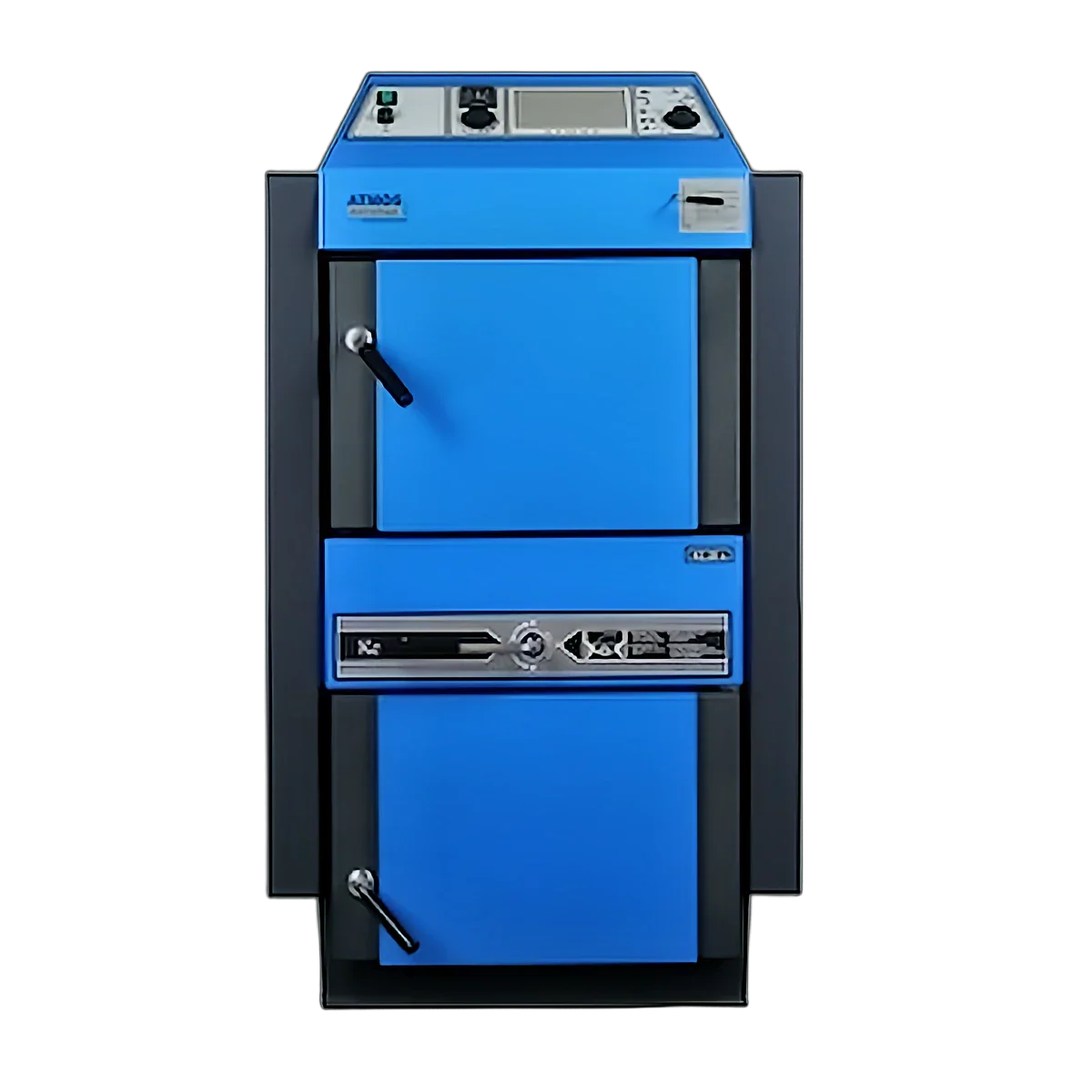 Blaue und graue Holzvergaser mit Brennstoff, ideal für vergleichende Elemente in Boilers.