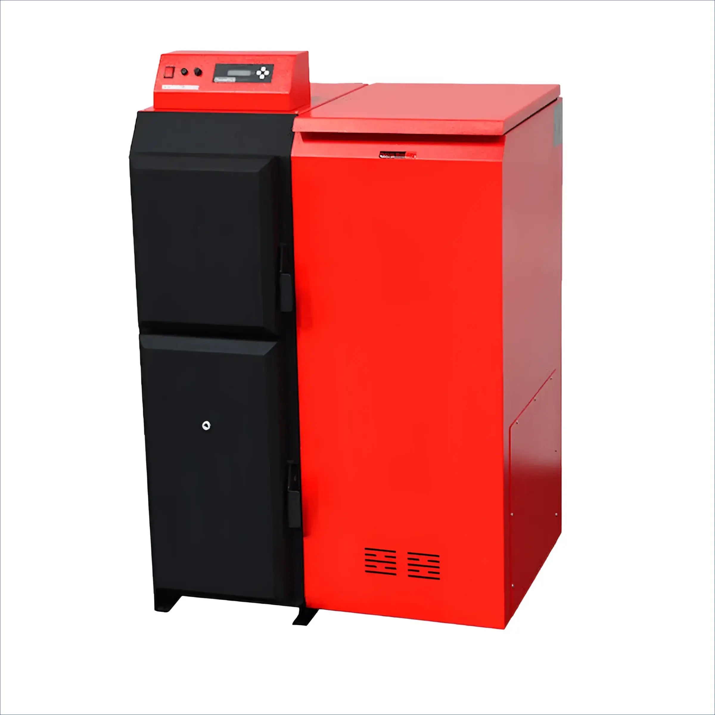 Roter und schwarzer Heizkessel Thermoflux Pelling 25/230 mit Pufferspeicher ohne WT