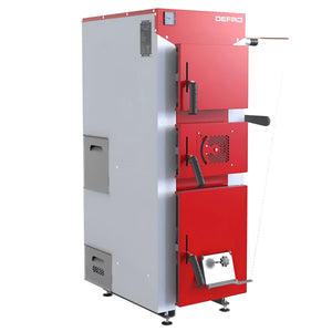 Red and grauer Festbrennstoffkessel Defro DWS 22 kW aus der defro DWS Serie