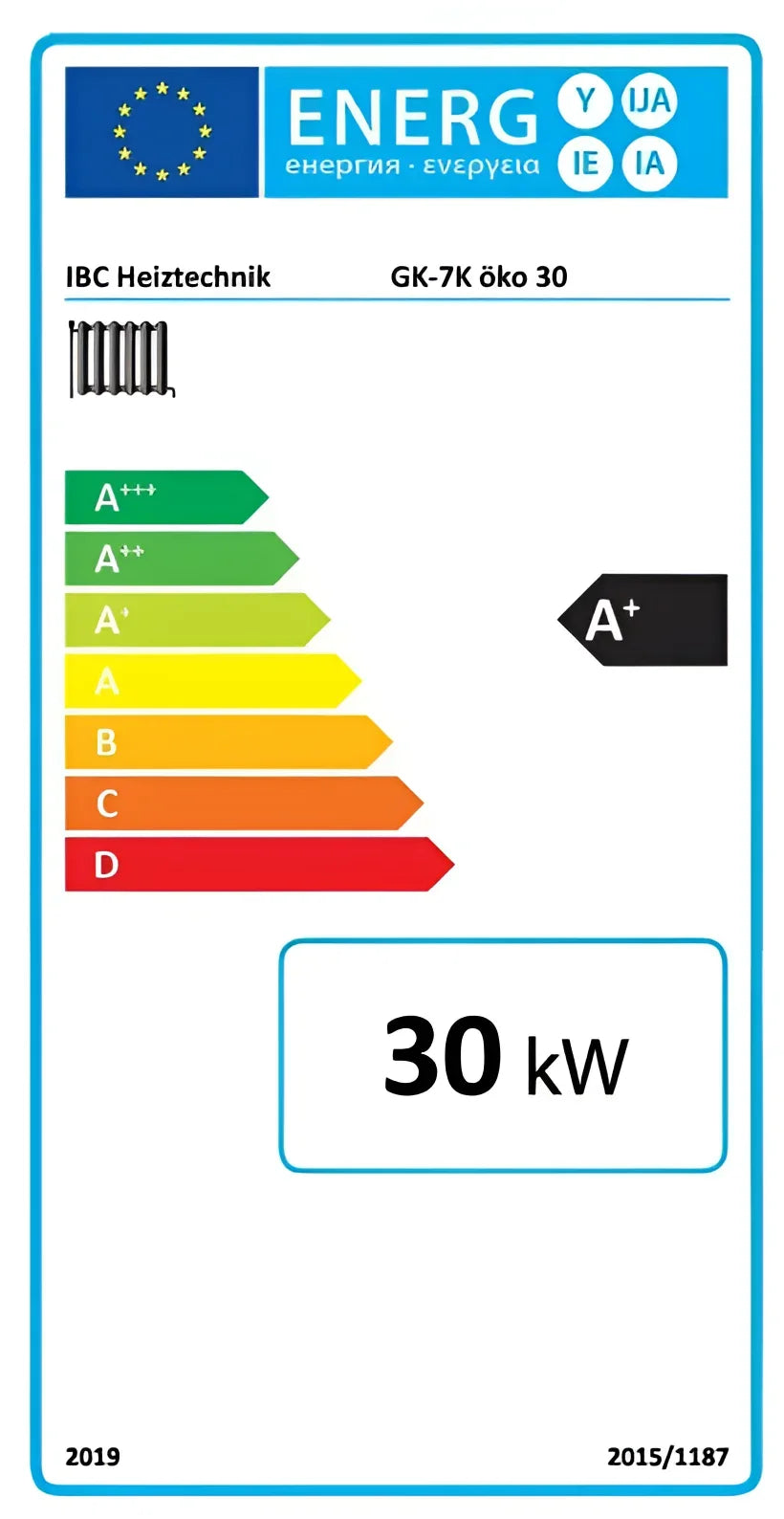 Energieeffizienzlabel für Holzvergaserkessel IBC GK-7K-Öko 30 kW als nachhaltige Heizlösung