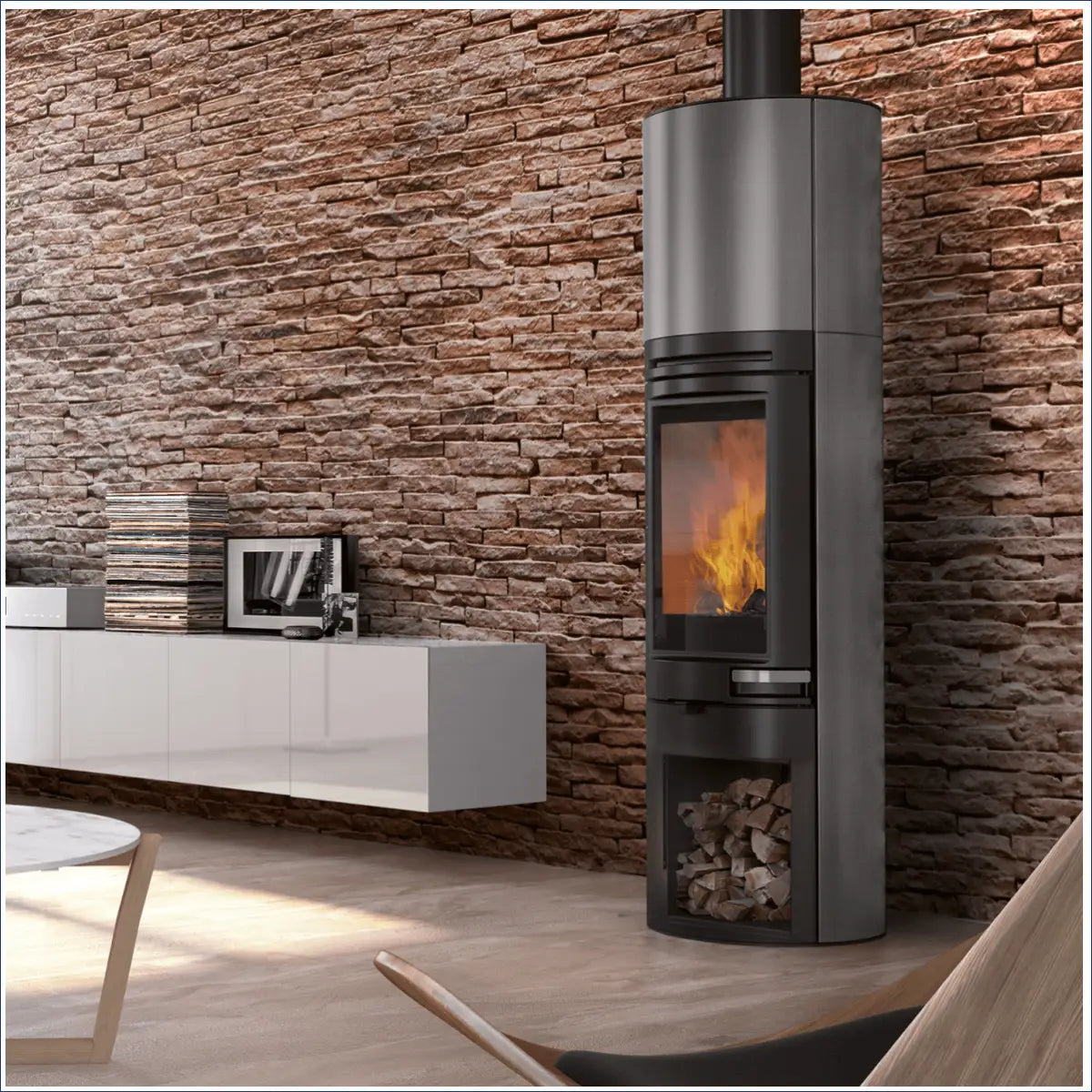 Modischer Holzofen Edilkamin Tally S Evo 9,1 kW mit integriertem Scheibenspülungssystem