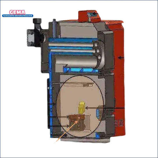 Diagramm des Pelletheizungssystems Thermoflux Pelling 25/75 mit Pufferspeicher