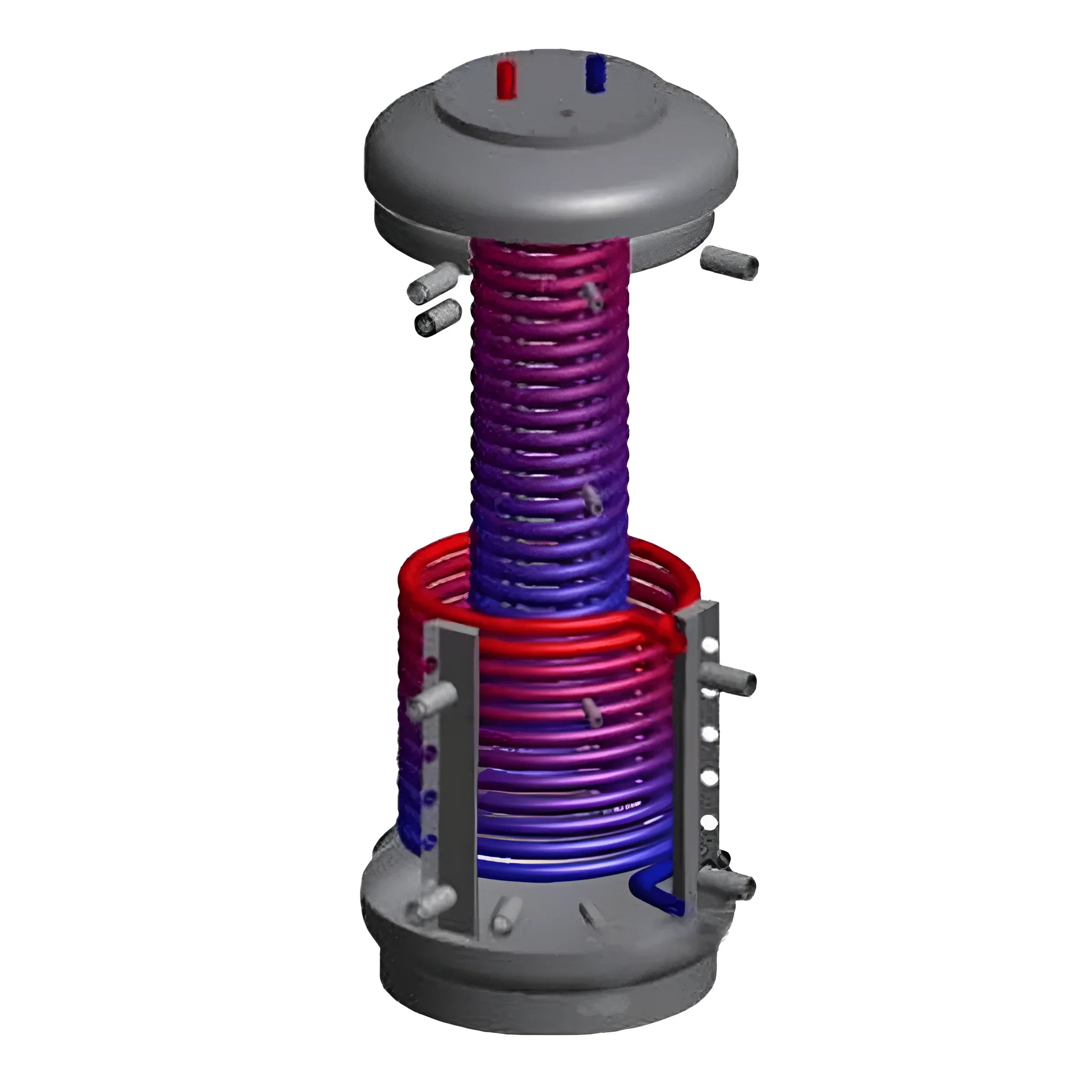 Grauer Thermoflux Pelling Pelletkessel mit rot/blauen Wärmetauscherkolben, effiziente Heizungstechnologie