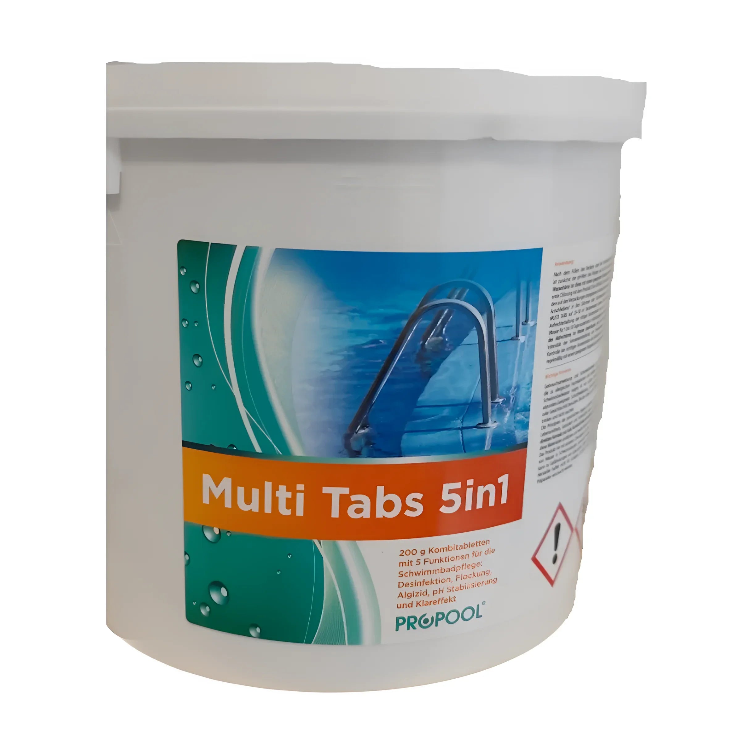 Weiße Eimer mit Multi Tabs 200g für Poolpflege und Chlor Start, 5-Phasen Reini