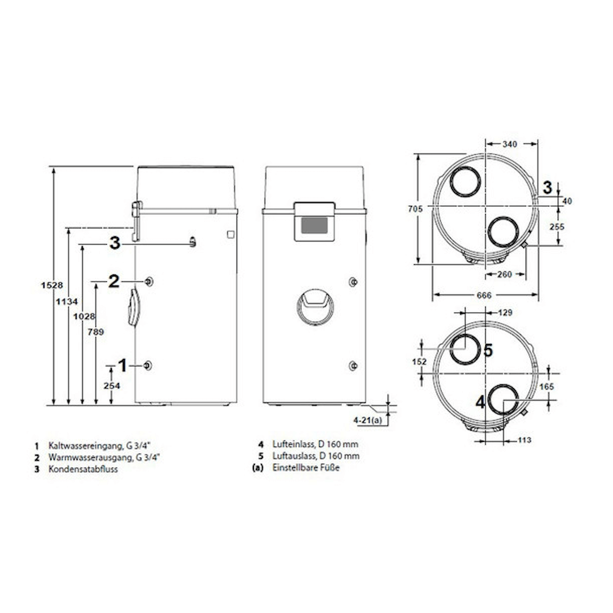 Technische Zeichnung der Remeha Azorra Ace 200L 🛠️ einschließlich Maßen und Anschlüssen für Heiz- und Wasserversorgung.