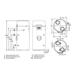 Technische Zeichnung der Remeha Azorra Ace 200L 🛠️ einschließlich Maßen und Anschlüssen für Heiz- und Wasserversorgung.