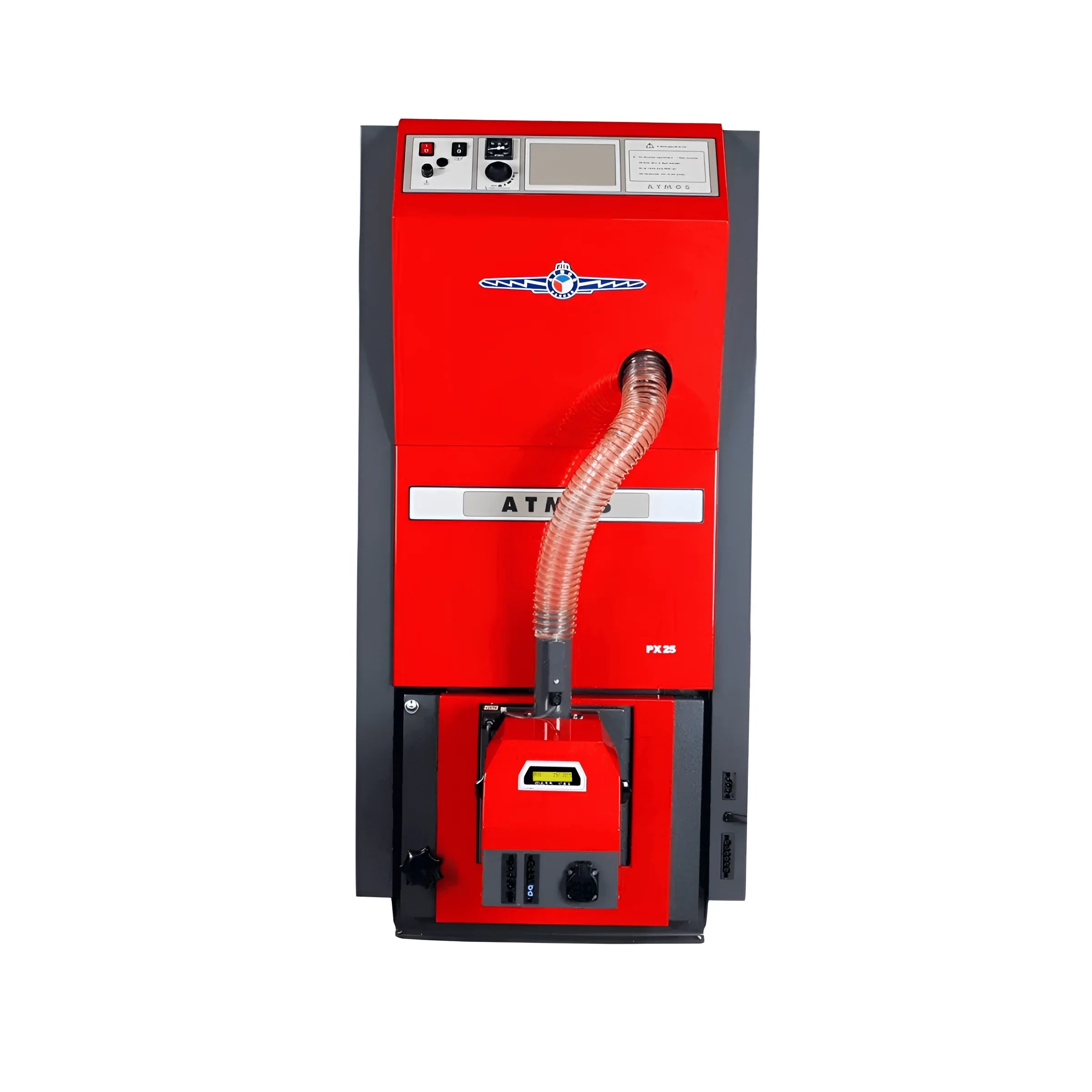 Pelletkessel ATMOS PX20: effizienter 🔥 Heizkessel in rot, ideal für umweltfreundliches Heizen ♻️.