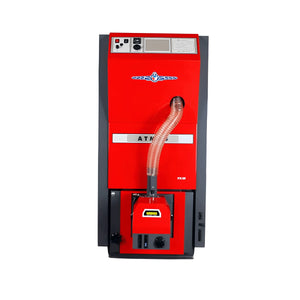Pelletkessel ATMOS PX20: effizienter 🔥 Heizkessel in rot, ideal für umweltfreundliches Heizen ♻️.