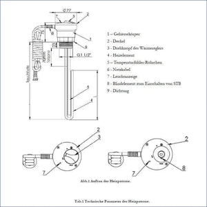 Technische Zeichnung des Heizstabs für Durchlauferhitzer MDC 230 plus 1.5 kW