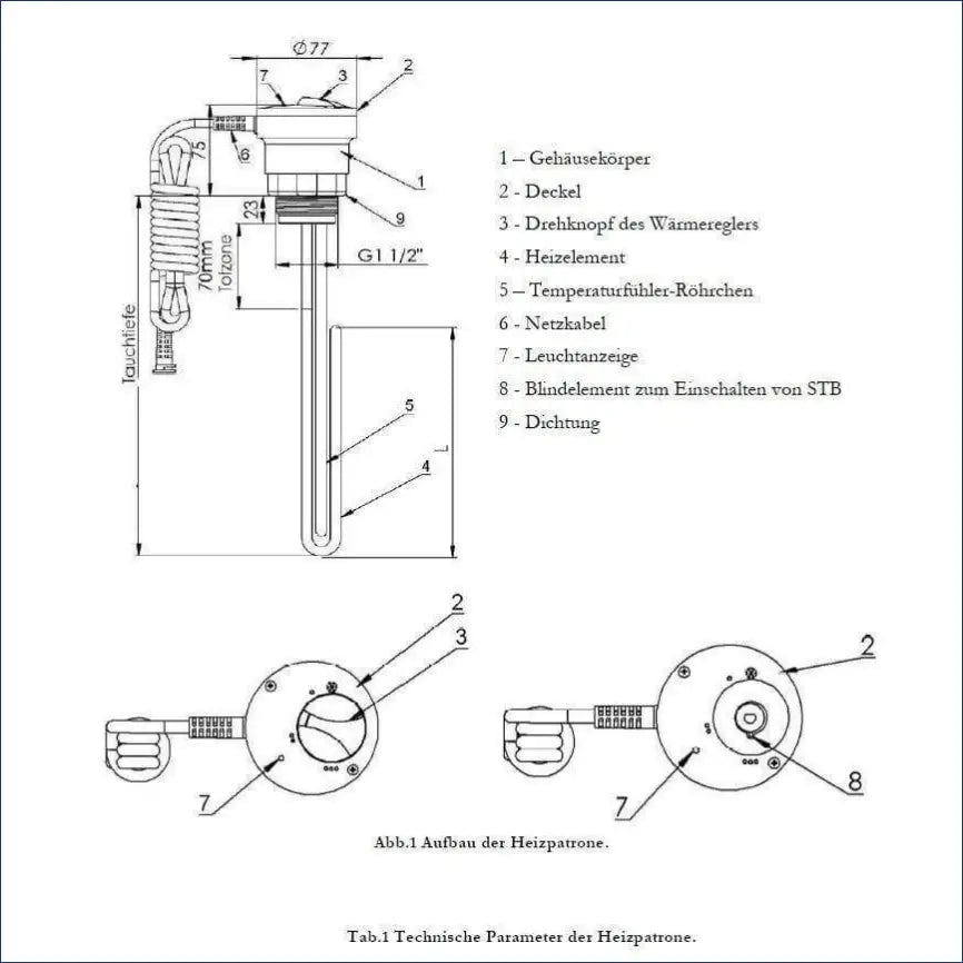 Technische Zeichnung des Heizstabs für Durchlauferhitzer MDC 230 plus 1.5 kW