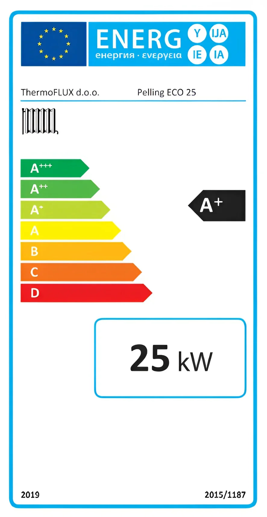 Energieeffizienz-Label auf Thermoflux Pelling 25/135 mit Liter Pufferspeicher und Anschluss Paket