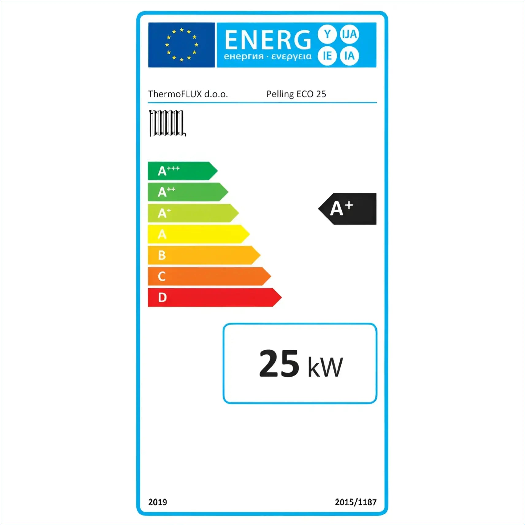 Energieeffizienzlabel für das Heizgerät Thermoflux Pelling 25/230 mit Pufferspeicher