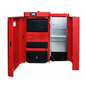 Rote Industrieheizung mit offenen Türen für Thermoflux PID Logic Kombi 45 kW