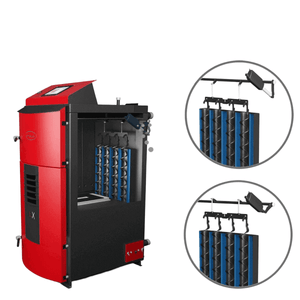 Roter und schwarzer Pelletkessel mit internen Komponenten für Attack SLX Lambda Touch 20 kW