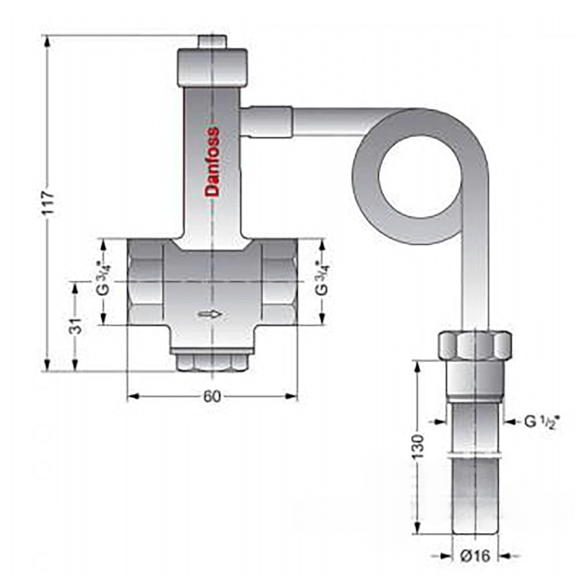 Thermische Ablaufsicherung für Defro Heizkessel mit Sicherheitswärmetauscher, dimensions diagram.