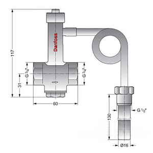 Thermische Ablaufsicherung für Defro Heizkessel mit Sicherheitswärmetauscher, dimensions diagram.