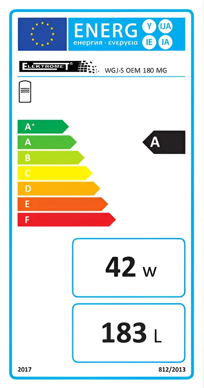 Energieeffizienzlabel am leistungsstarker Warmwasserspeicher Brauchwasserspeicher 180 L mit Heizstab 3 kW, Anschluss Vorlauf,