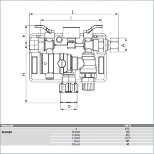 Technische Zeichnung der automatische Heizungs-Füllarmatur BA 6628 Plus DN20 mit Maßen