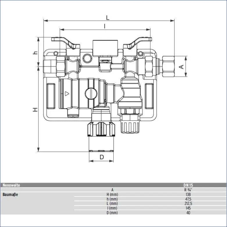 Technische Zeichnung der automatische Heizungs-Füllarmatur BA 6628 Plus DN20 mit Maßen
