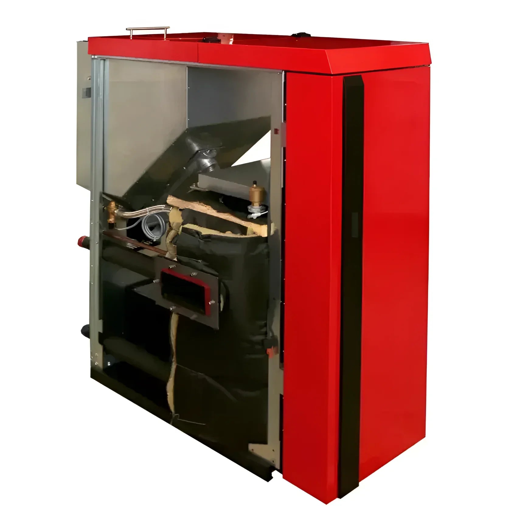Red und silberner Thermoflux PID Logic Kombi 25 Hochmoderner Kombikessel mit offengelegtem Innenteil