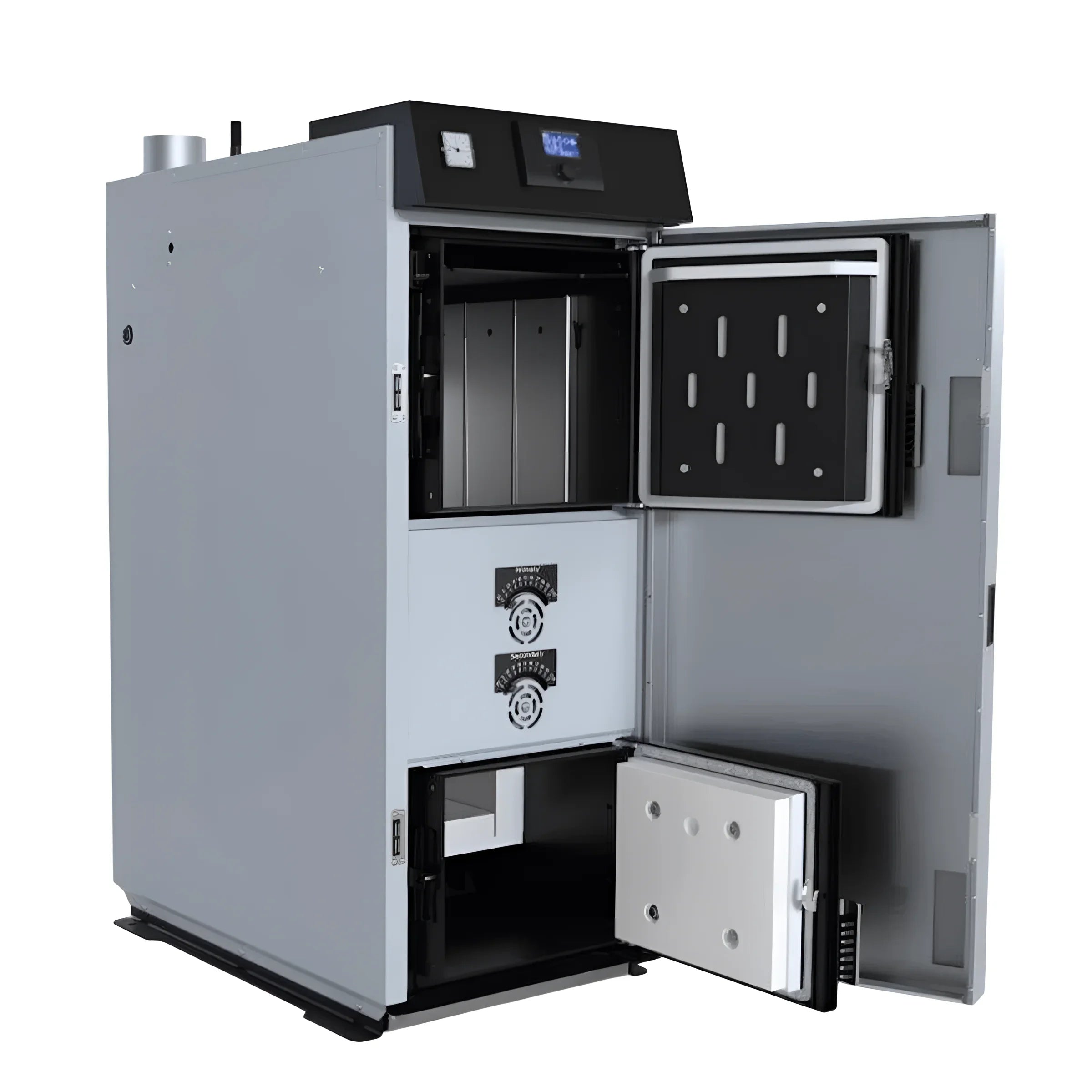 Grauer Holzvergaser mit offenen Türen für Optima HG Holzvergaserkessel 32 kW