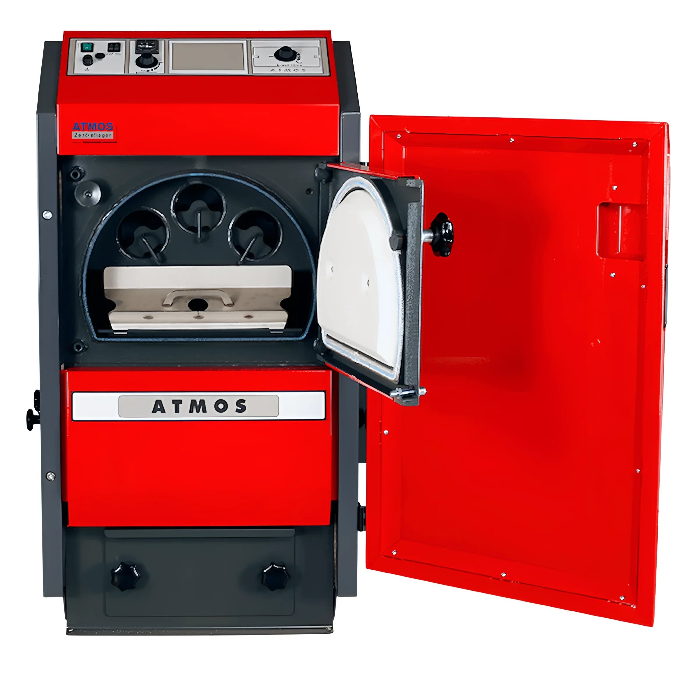 Pelletkessel Atmos P25 mit 🔥Scheitholzfunktion und digitalem Steuerungsdisplay. Ideal für effiziente Heizung!