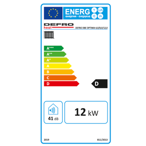 Energieeffizienzlabel für DEFRO D8E OPTIMA 12 kW Heizgerät mit Lautstärkeangabe und Leistungsstufen 🌿🔊