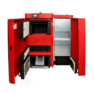 Redwood-Ofen mit offenen Türen im Thermoflux PID Logik Kombi 45 kW