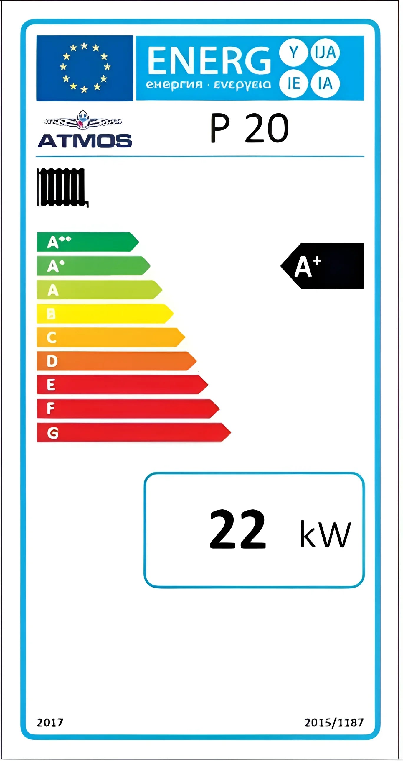 Energieeffizienzlabel für Atmos P20 Pelletkessel mit 22 kW und A+ Bewertung 🌍🔥