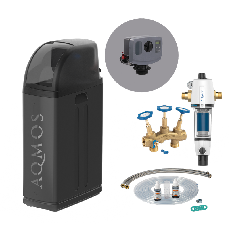 Vandens minkštinimo įrenginys AQMOS R2D2-48 Black Edition komplektas su atgalinio plovimo filtru, prijungimo rinkiniu ir montavimo bloku