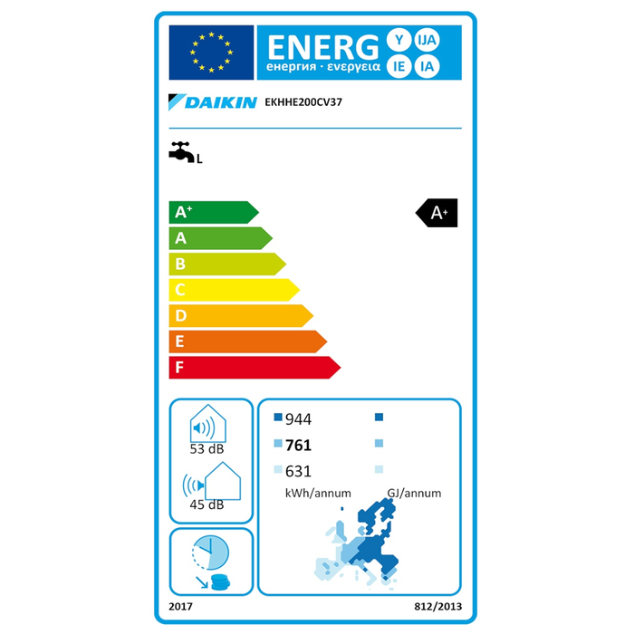 Energieeffizienzlabel der Daikin Altherma M HW 200 mit Bewertung A+ und Spezifikationen zu Verbrauch und Lärmpegel.
