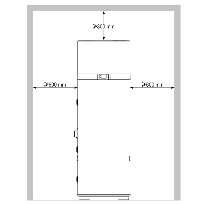Daikin Altherma M HW 200 dimensions diagram: height >300mm, width >600mm, depth >600mm for optimal installation.
