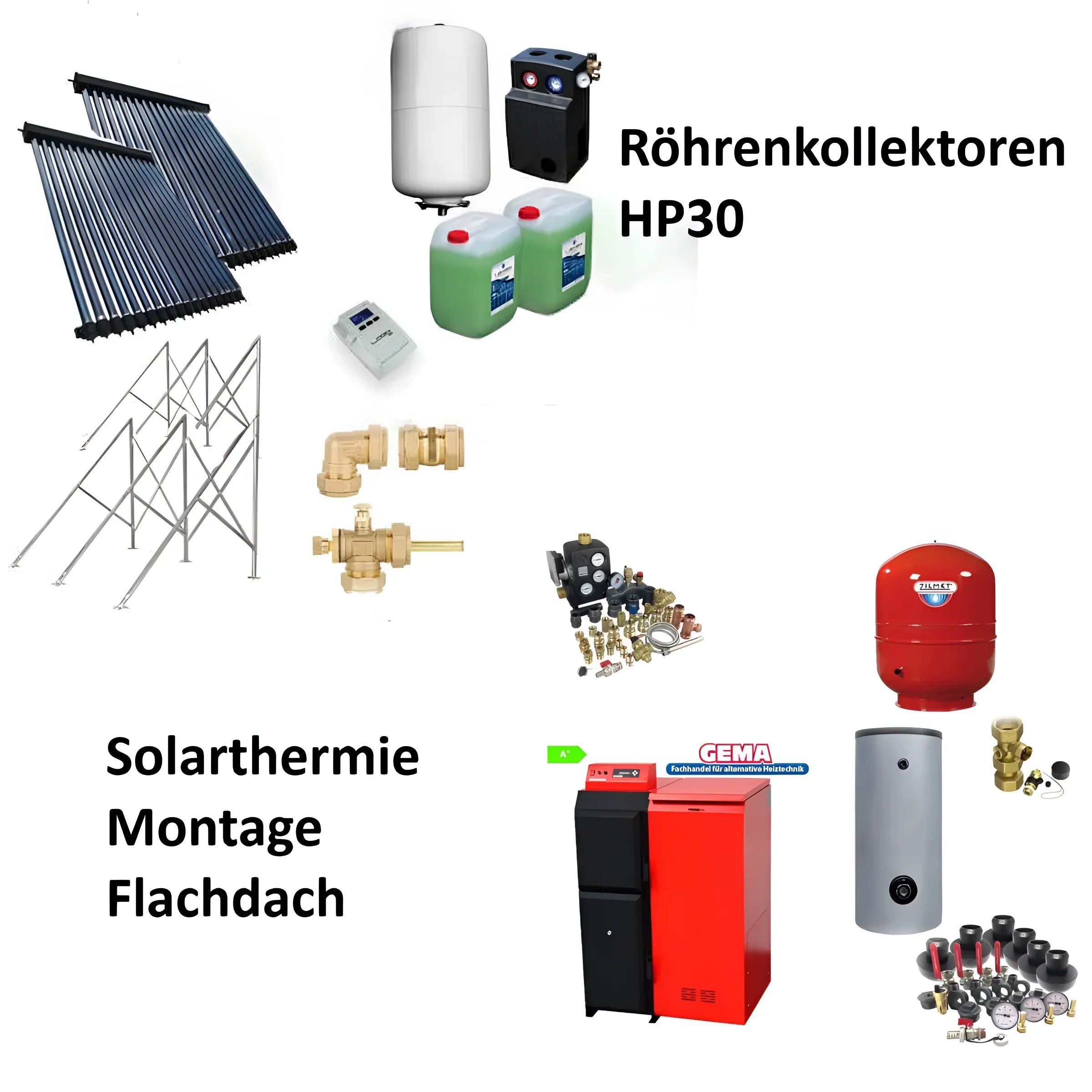📦 Solarpaket mit Röhrenkollektoren HP30, Hygienespeicher und Komponenten für Solartermie Montage Flachdach.