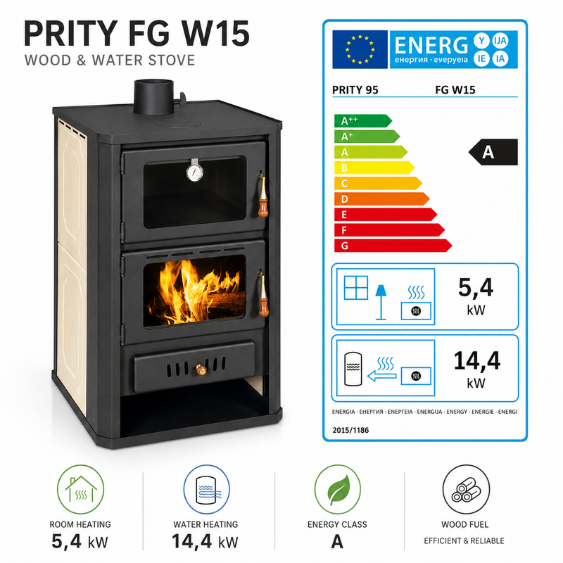 Wodny kominek z piekarnikiem Prity szary - 19,8 kW