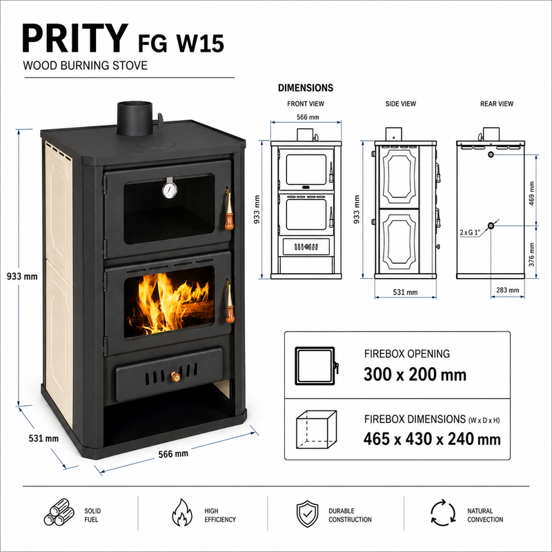 Wodny kominek z piekarnikiem Prity szary - 19,8 kW
