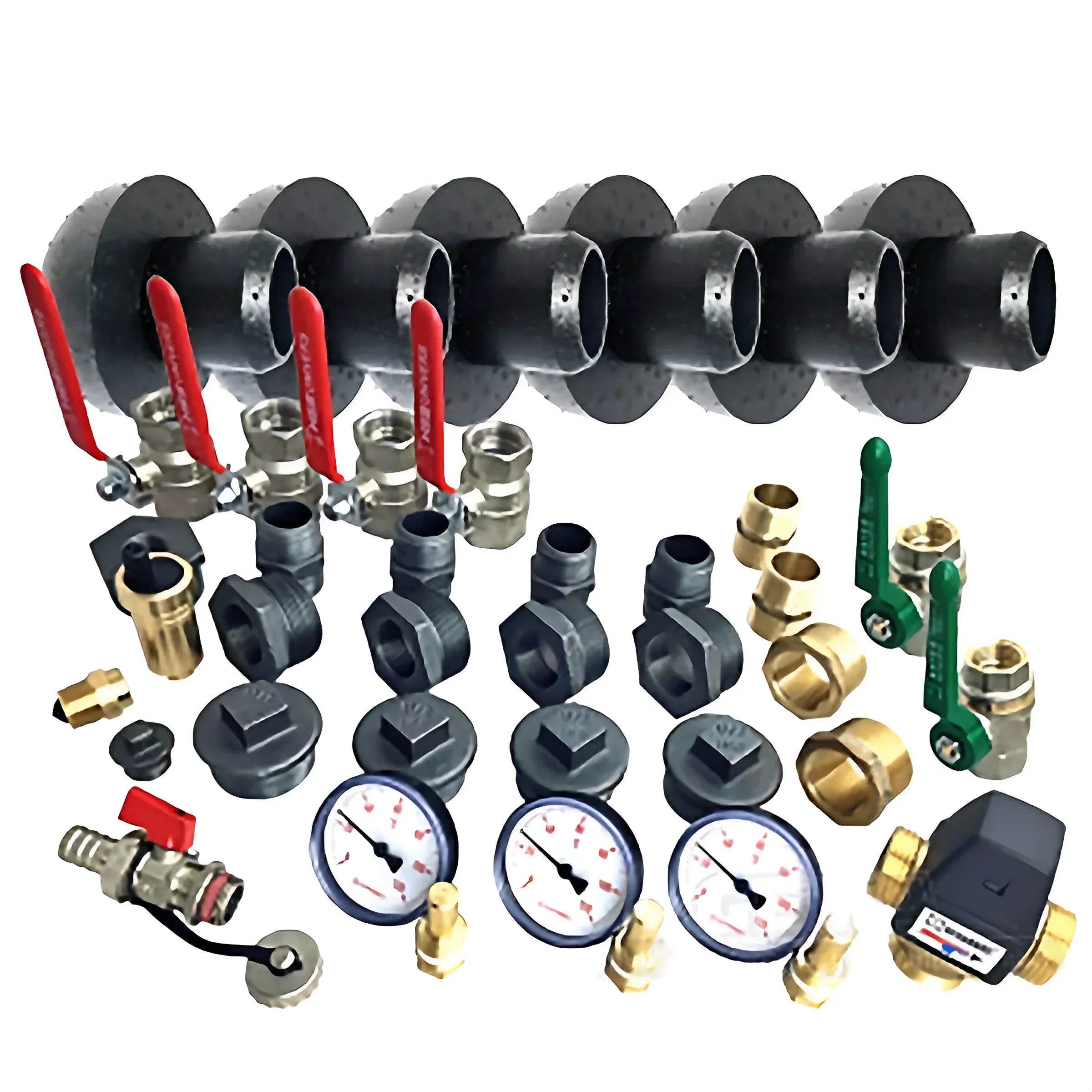 Plumbing manifold with fittings including Reduzierstück Schwarz and Stopfen Schwarz for Anschluss