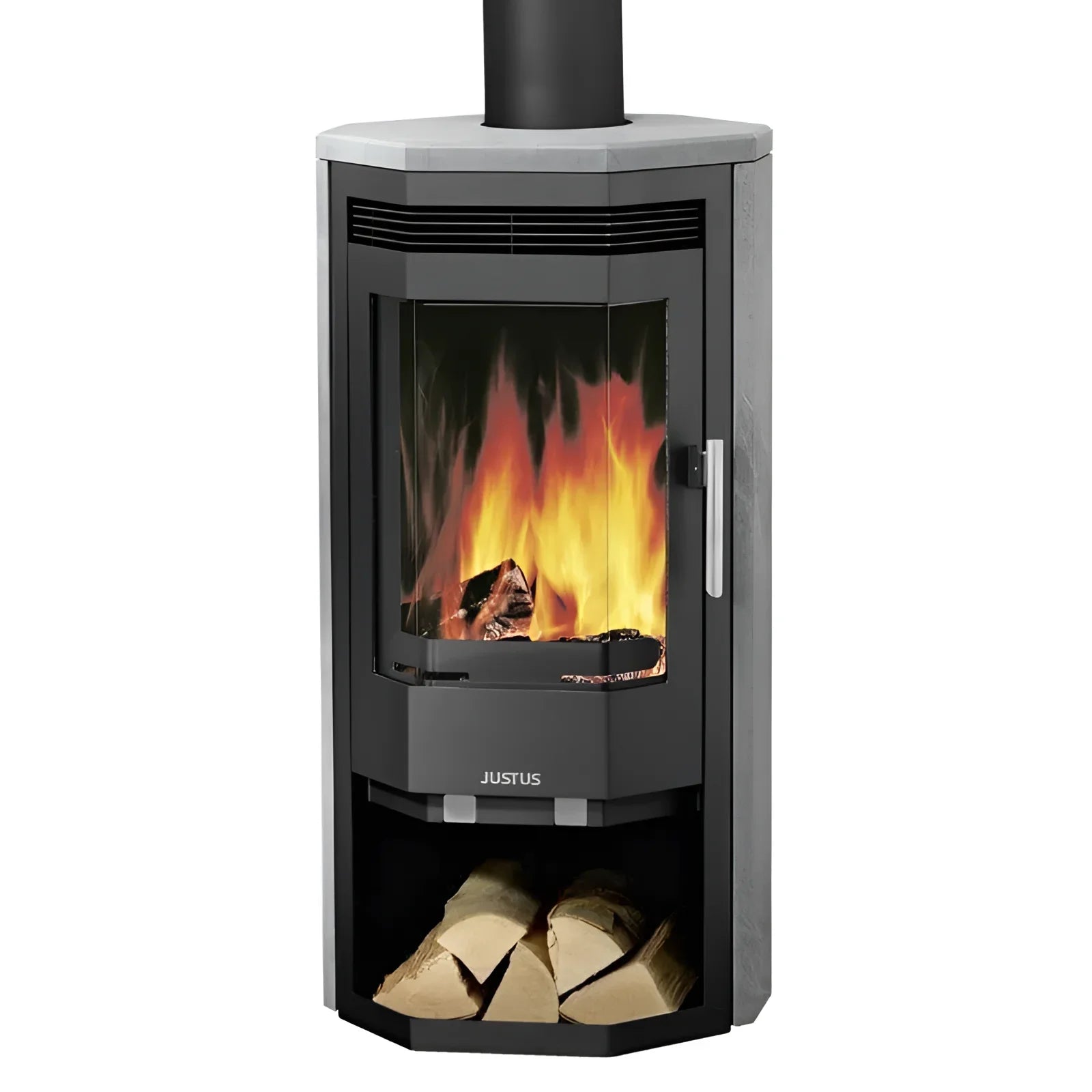 Burning wood stove Kaminofen Justus Usedom with externe Zuluft und mittlerer Co-Gehalt