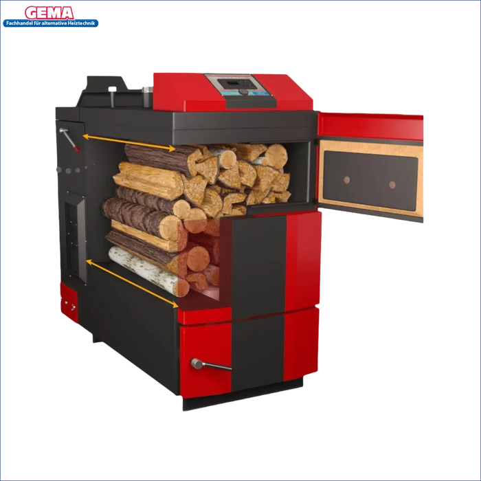 Roter und schwarzer Holzvergaserkessel Attack DPX Profi 80 kW Heizkessel