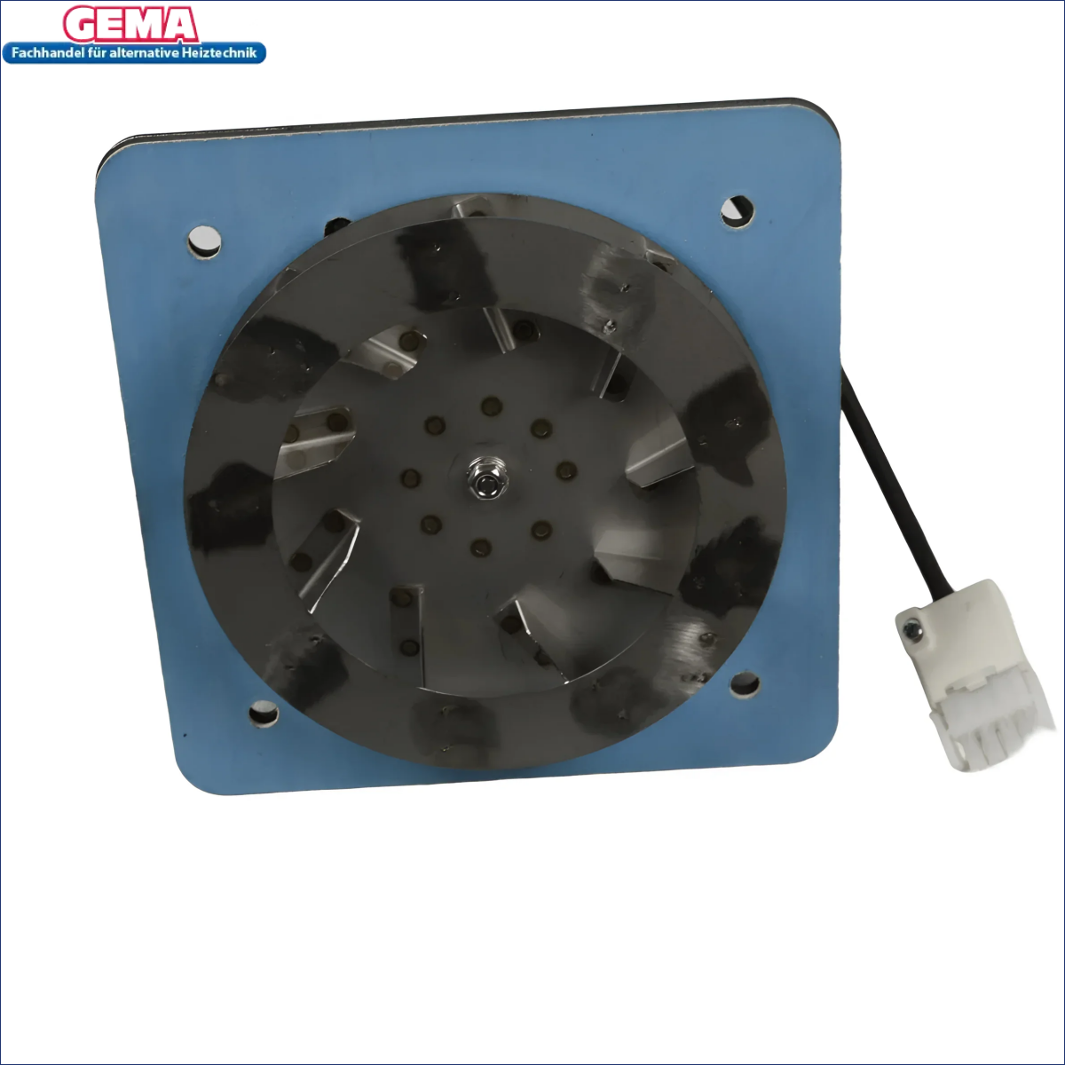 Blaue quadratische Platte mit Schwarzem Ventilator und Anschluss für Attack Wood Pellet Gebläse