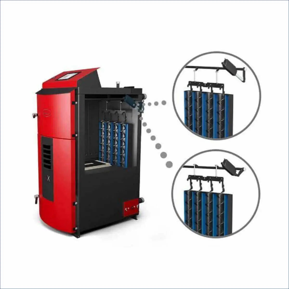 Roter und schwarzer Pelletkessel mit Innenkomponenten vom Attack SLX Kombi 30 kW