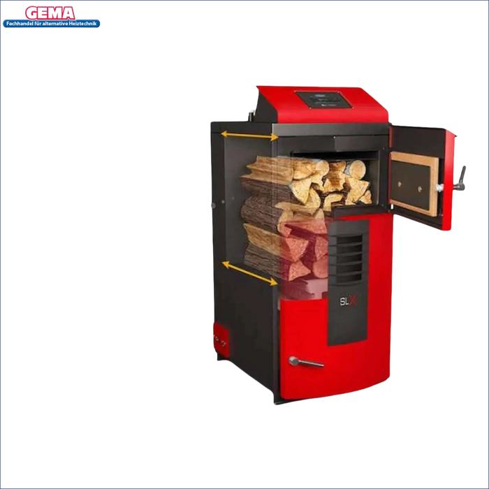 Roter und schwarzer Holz- und Pellets-Feuerungsautomat beim Attack SLX Kombikessel 20 kW