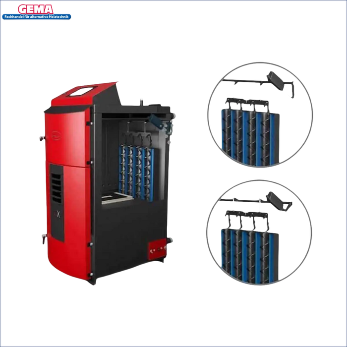 Roter und schwarzer Pelletkessel mit internen Komponenten des Attack SLX Kombikessels 25 kW
