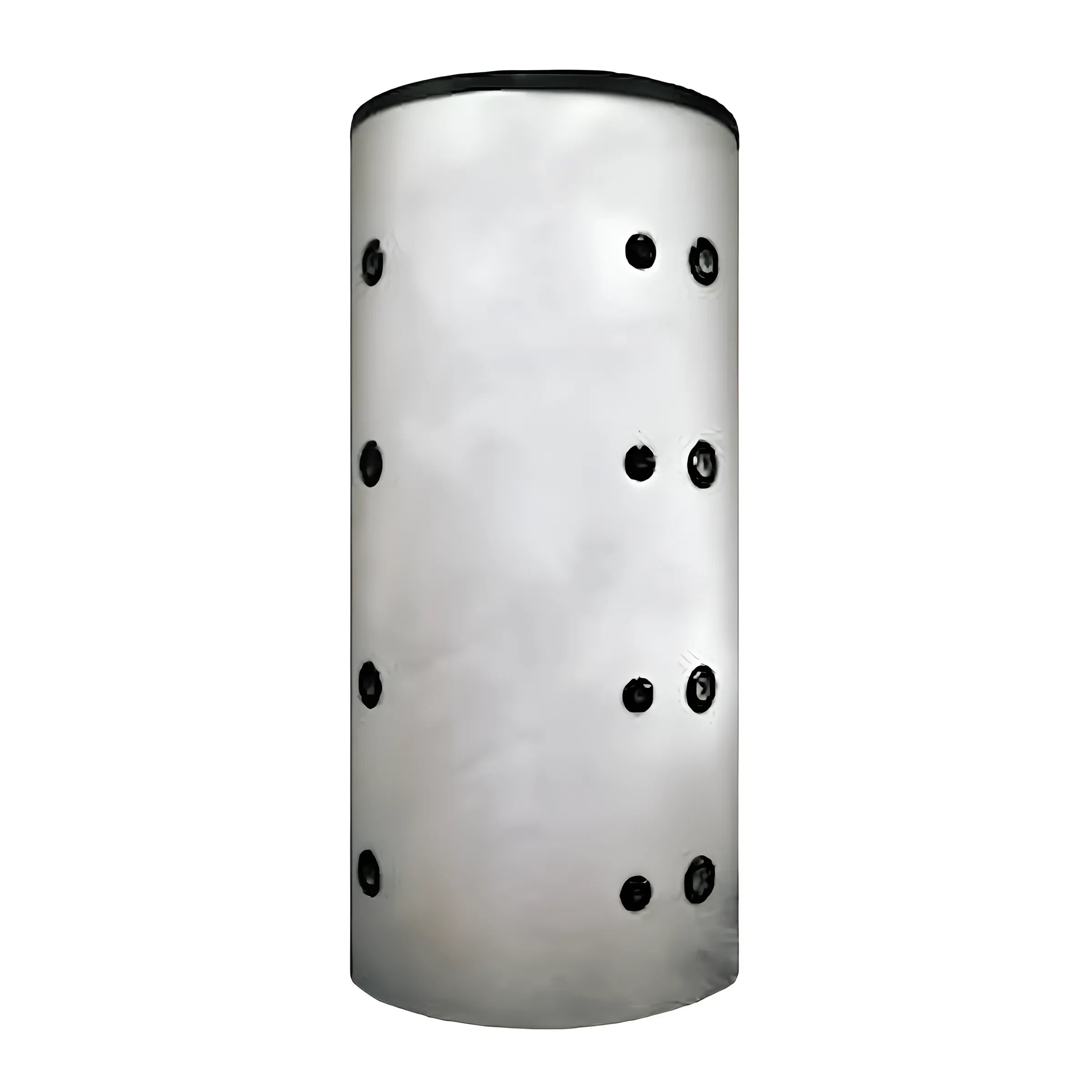 Cylindrischer weißer Wasserspeicher mit schwarzen Anschlüssen, Teil des komplettpaket Thermoflux Pelling 25/135 mit Pufferspe