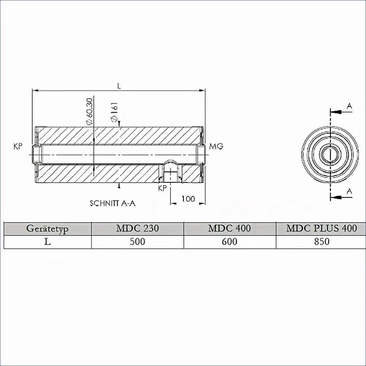 Technische Zeichnung eines zylindrischen Bauteils mit Maßen für Durchlauferhitzer MDC 230 plus