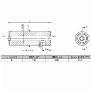 Technische Zeichnung eines zylindrischen Bauteils mit Maßen für Durchlauferhitzer MDC 230 plus